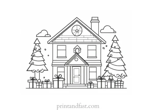 house coloring page with gifts