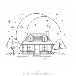 house coloring page with moon