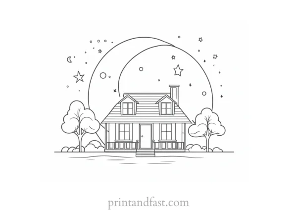 house coloring page with moon