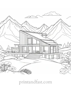 house coloring page with mountains