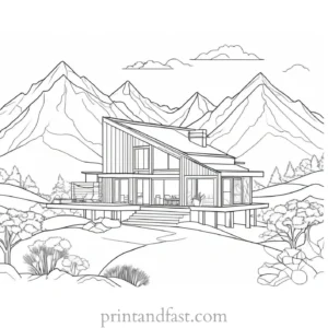 house coloring page with mountains