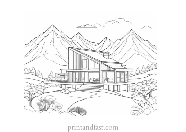 house coloring page with mountains