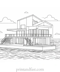 house coloring page with ocean