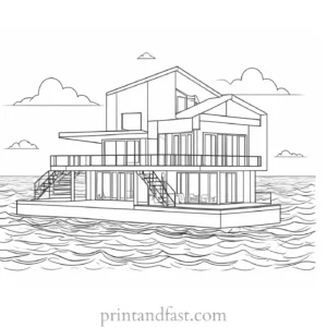 house coloring page with ocean