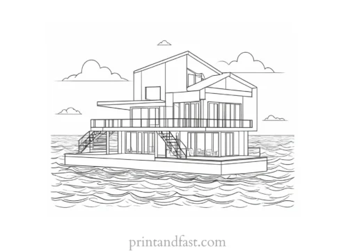 house coloring page with ocean