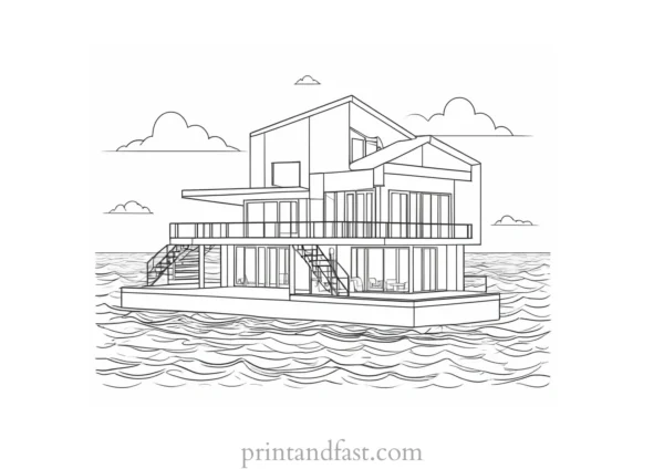 house coloring page with ocean