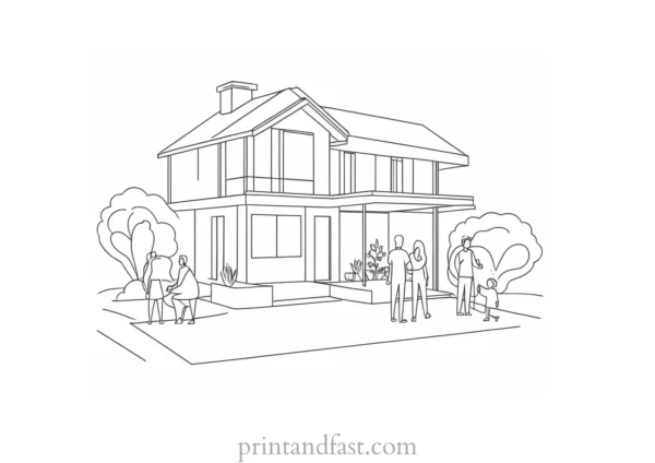 house coloring page with people