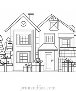 house coloring page with presents