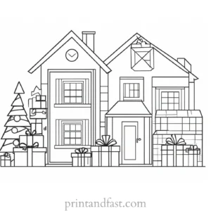 house coloring page with presents