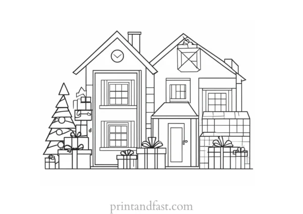 house coloring page with presents