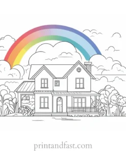 house coloring page with rainbow