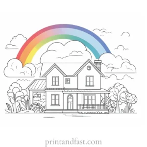 house coloring page with rainbow