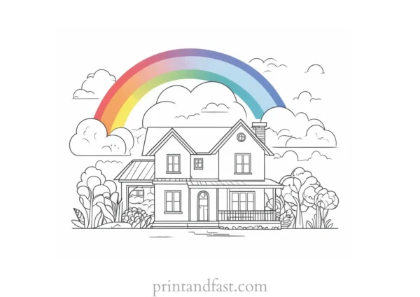 house coloring page with rainbow