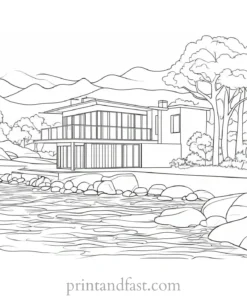 house coloring page with river