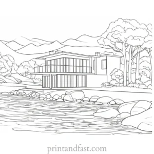 house coloring page with river