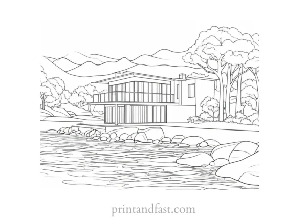 house coloring page with river