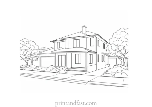 house coloring page with street