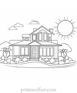 house coloring page with sun