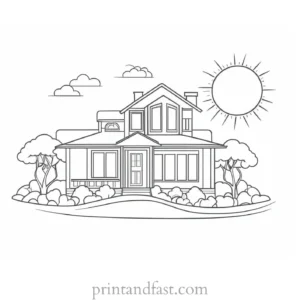 house coloring page with sun