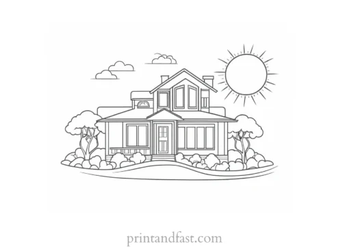 house coloring page with sun