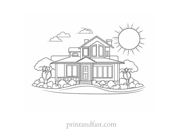 house coloring page with sun