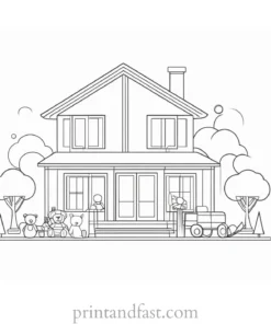 house coloring page with toys