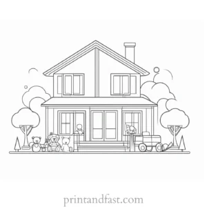 house coloring page with toys