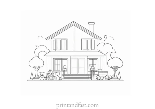 house coloring page with toys