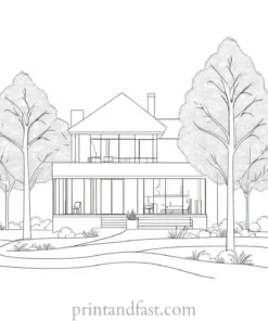 house coloring page with trees