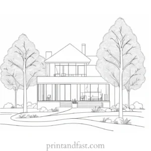 house coloring page with trees