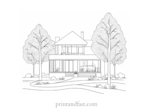 house coloring page with trees