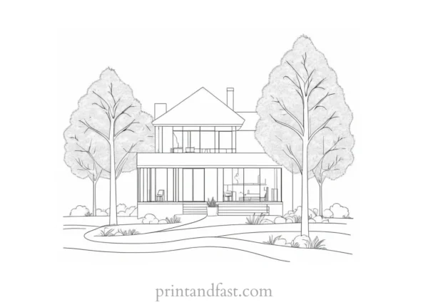 house coloring page with trees