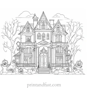 intricate haunted house coloring page