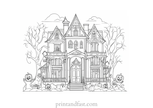 intricate haunted house coloring page