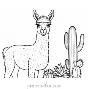 llama coloring page with cactus