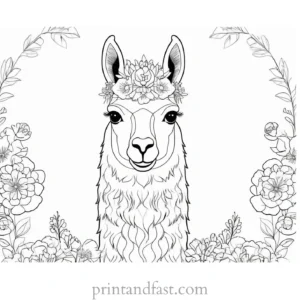 llama coloring page with flowers