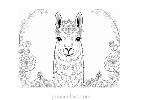 llama coloring page with flowers