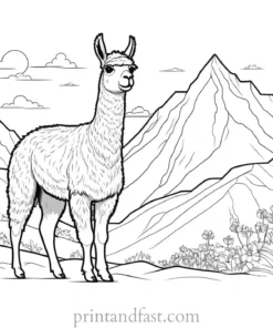 llama coloring page with mountains