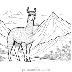 llama coloring page with mountains