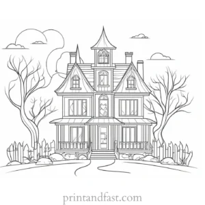 modern haunted house coloring page