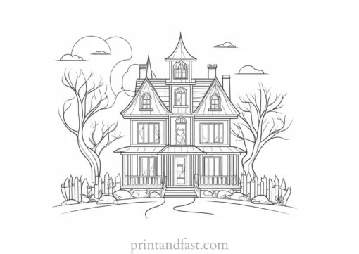 modern haunted house coloring page