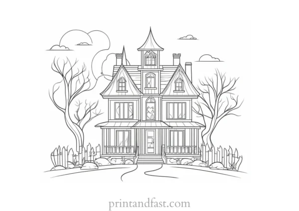 modern haunted house coloring page