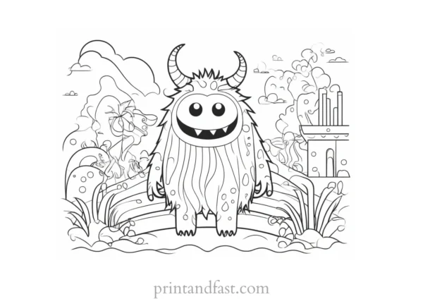 monster coloring page with background