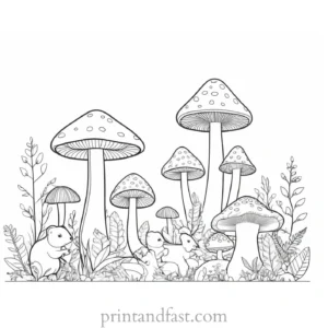 mushroom coloring page with animals