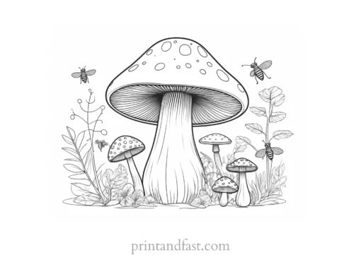 mushroom coloring page with insects