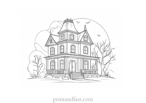 mysterious haunted house coloring page