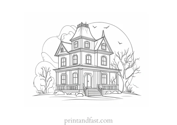 mysterious haunted house coloring page