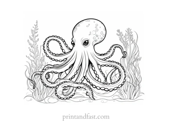 octopus coloring page with seaweed