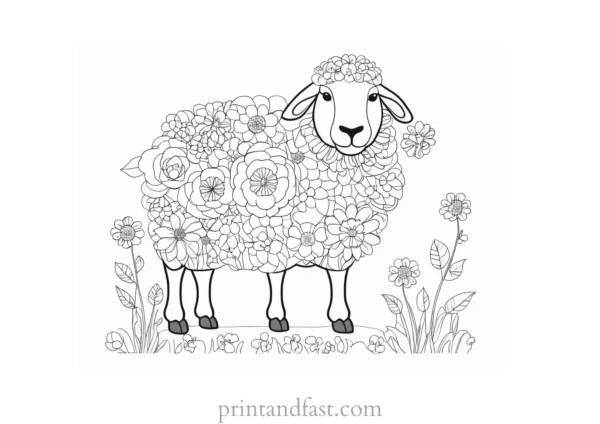 sheep coloring page with flowers