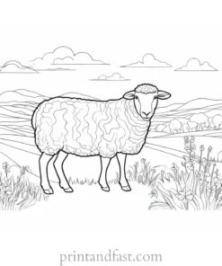 sheep coloring page with scenery